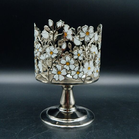 Bath Body Works Metal Pedestal 3 Wick Candle Holder White & Yellow WildFlowers - Picture 1 of 6
